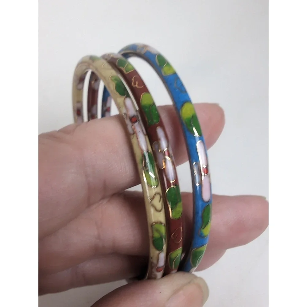 Cloisonné Bangles Bracelet Set of 3 Floral Metal Enamel Jewelry Vintage Retro